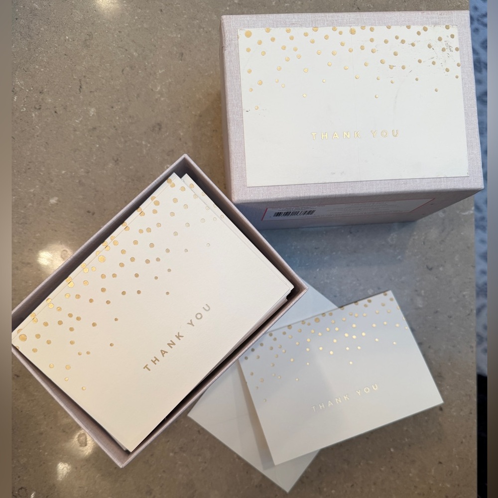 NWT Set of 50 thank you notes w envelopes. Metallic gold dots w white - wedding?